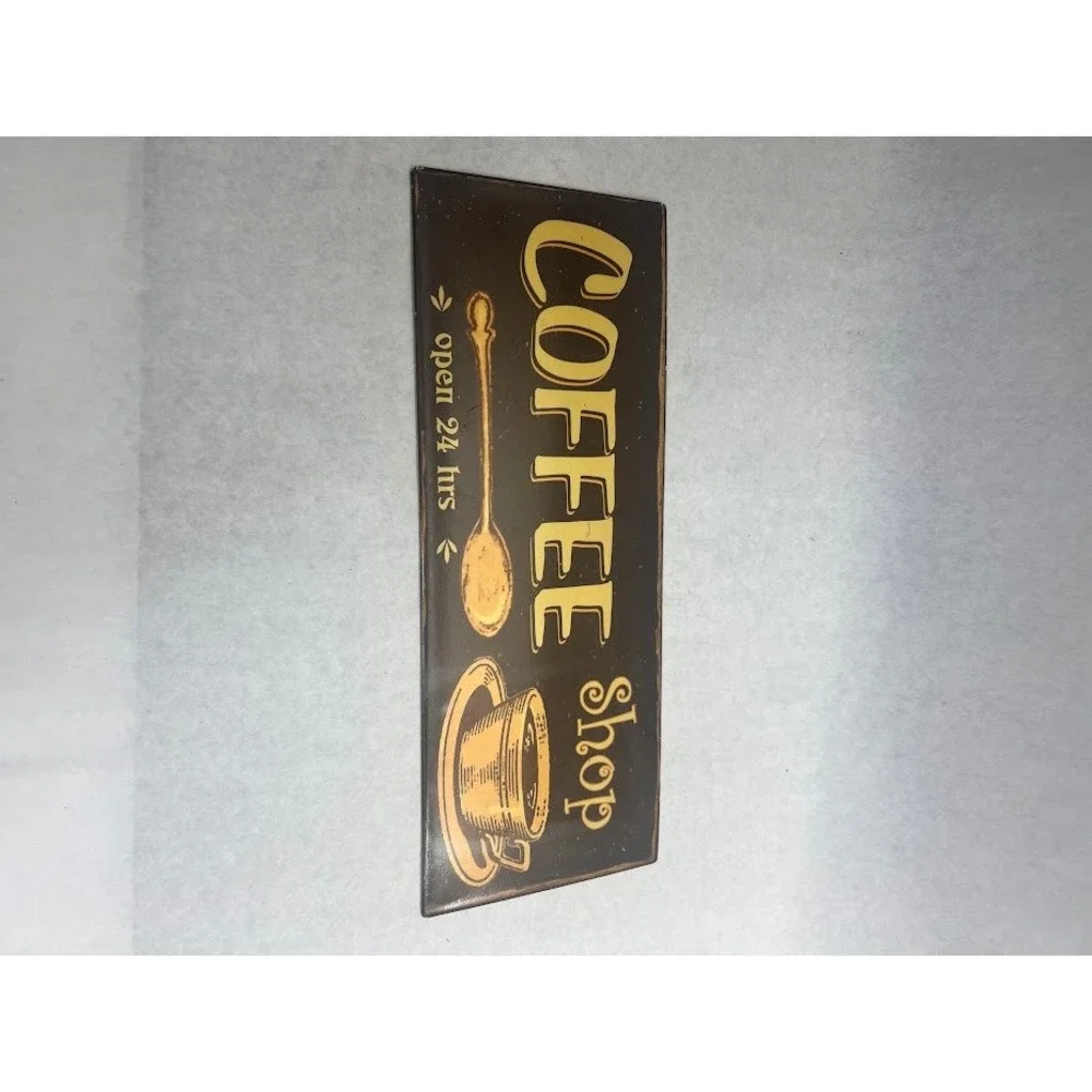 Vintage Style Metal Coffee Shop Sign Open 24 Hrs Retro Diner Wall Decor Brown